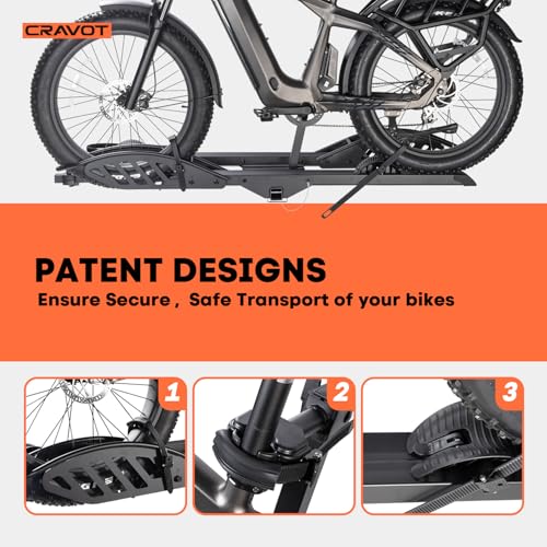 CRAVOT CyberRack E2 Hitch 2 EBike Rack with Ramp, 200 lbs Capacity Electric Bike Carrier Foldable Platform Mount, Up to 5-inch Fat Tire Bicycle for 2'' Receiver Cars Trucks SUVs Minivans RV, Trailer - size: E2 200lbs
