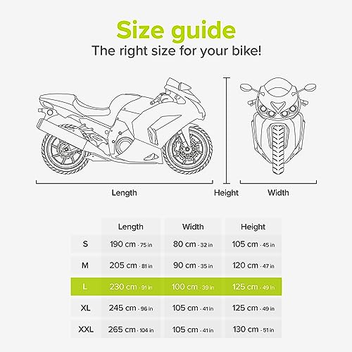 VELMIA Motorcycle Cover - Extremely Heat Resistant up to 550F, Waterproof for All Seasons, Fits Motorcycles, Scooters, Mopeds & Harleys - size: [L] 91 x 39 x 49 in