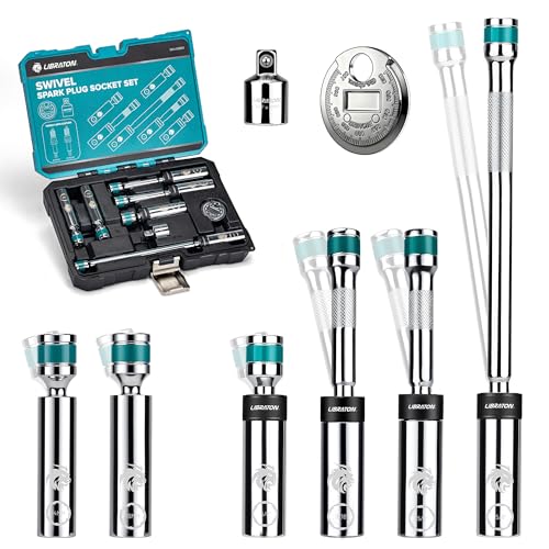 LIBRATON 8PCS 3/8"Dr. Magnetic Spark Plug Socket Set, Include Gapper & Extension Bar, Swivel Head Thin Wall (5/8" 9/16" 14mm 16mm), 6&12 Point for Truck Motorcycle Auto Repair, w/4",6",10", CR-V