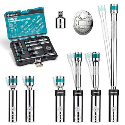 LIBRATON 8PCS 3/8"Dr. Magnetic Spark Plug Socket Set, Include Gapper & Extension Bar, Swivel Head Thin Wall (5/8" 9/16" 14mm 16mm), 6&12 Point for Truck Motorcycle Auto Repair, w/4",6",10", CR-V