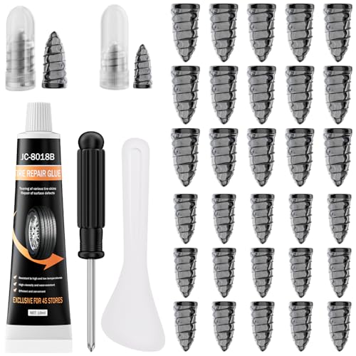 30 PCS Tire Repair Rubber Nails, 10mL Repair Glue, Vacuum Tires, Flat tire Repair Fast Plug Tool Kits, Self-Service Car Puncture Repair Screws with Screwdriver, Set for Car, Motorcycle, Jeep, Bike.