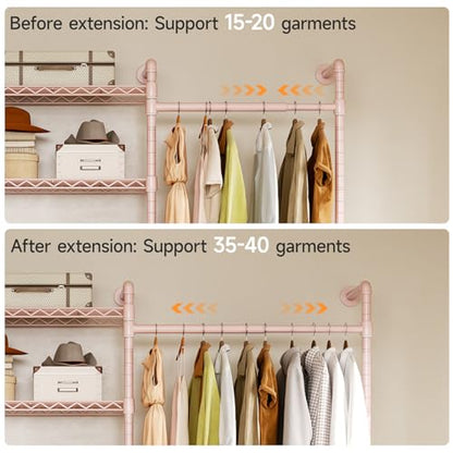 ONBRILL H4 Wall Mounted Closet System, Expandable Industrial Pipe Clothes Rack Clothing Rack for Hanging Clothes, Heavy Duty Closet Organizers and Storage in Wardrobe Closet - color: Pink