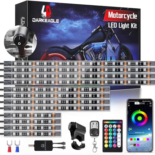 12PCS Motorcycle RGB LED Light Kit with Handlebar Switch Brake Turn Signal, Multicolor Underglow Lights with APP/RF Remote, Neon Strips 12V Waterproof for Sport Bike,Cruiser,Street&Off-Road Motorcycle - size: 12PCS w/Handlebar Switch