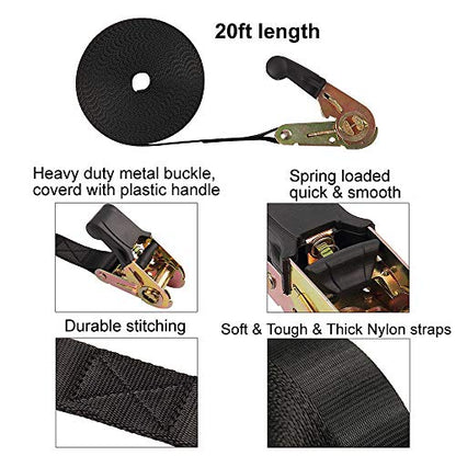 Endless Ratchet Tie Down Straps Heavy Duty Cargo Tie Downs, Sturdy Nylon Black Strap Down Ratcheting Securing Straps, Track Spring Fittings, Tie-Down Motorcycles, Trailer Loads, Kayak - size: 1"x20'-4pcs black