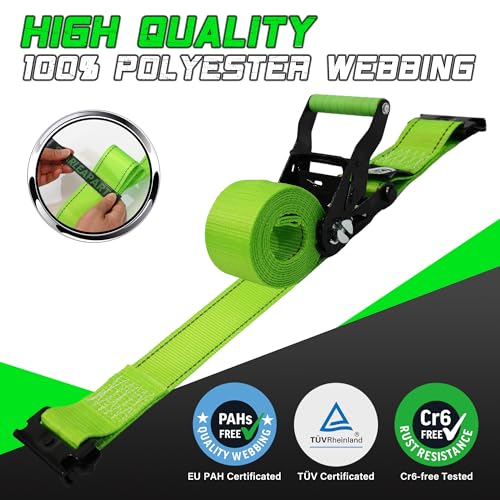 Heavy Duty Wheel Chock Tie Down Straps Set (4PK) - 4,400lb Guaranteed Max Break Strength, (2) 2" x 8' Trailer Tire Straps with (8) Wheel Chocks for ATV, UTV or Tractors - style: 4PK - Green