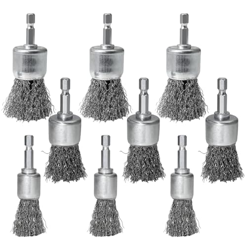 9 PCS Wire Brush Wheel for Drill, 0.8" 1" 1.2" Sizes - Crimped End Wire Brushes 1/4" Hex Shank Knotted Brush for Paint-Surface and Small Spaces