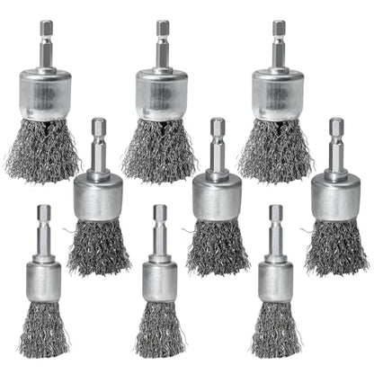9 PCS Wire Brush Wheel for Drill, 0.8" 1" 1.2" Sizes - Crimped End Wire Brushes 1/4" Hex Shank Knotted Brush for Paint-Surface and Small Spaces