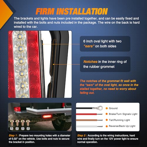 Nilight 6Inch Oval Trailer Tail Light 2PCS Red Brake Stop Turn White Reverse Back Up Lights with Flush Mount Grommets Plugs Mounting Brackets for RV Truck Luggage Rack - color: 2Pcs Red/White Tail Lights+Brackets