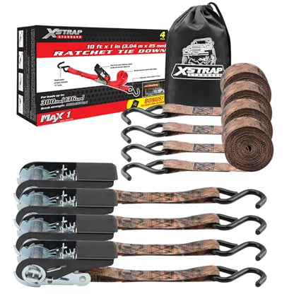 XSTRAP STANDARD Ratchet Tie Down Straps 4 Pk 10 Ft- 300 Lbs Load Cap- 900 Lbs Break Strength-Cargo Straps for Hunting, UTV, ATV, Pickup, Truck, Moving Appliances, Lawn Equipment, Camouflage - color: Camouflage, size: 4pk 1inchx10ft