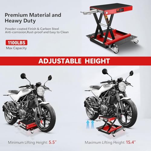 1100LBS Motorcycle Lift-Hydraulic Motorcycle Stand Table Jack, Narrow and Wide Deck Motorcycles Scissor Jack with Ratchet & Crank for ATV, Dirt Bikes