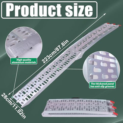 2PCS 7.3ft Aluminum Motorcycle Ramp Folding Heavy Duty Ramp with Load Straps for Pickup Trucks Motorcycles ATVs Lawn Mowers