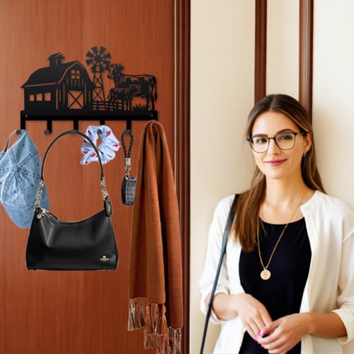MAYJOYDIY Farmhouse Metal Key Hook Cows Livestock Coat Rack Wall Mounted 15.7×9.8inch Art Wall Decor Key Holder Organizer Rack with 6 Hooks for Gift Coats Hats Towels Bags Hanging - style: Farmhouse