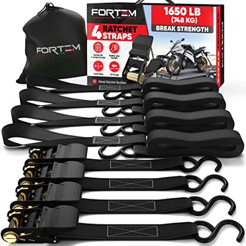 FORTEM Ratchet Straps, Tie Down Strap Set 1650lb Break Strength, 4 Pack 15ft x 1in, 4 Soft Loops, Moving Straps Tie Downs, Cargo Cam Buckles for Trucks, Carry Bag, for Men - color: Black