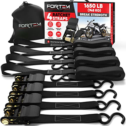FORTEM Ratchet Straps, Tie Down Strap Set 1650lb Break Strength, 4 Pack 15ft x 1in, 4 Soft Loops, Moving Straps Tie Downs, Cargo Cam Buckles for Trucks, Carry Bag, for Men - color: Black