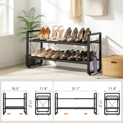 ELYKEN Shoe Rack, 2-Tier Expandable Shoe Organizer for Closet, Metal Black Shoe Shelf with 4 Hooks, Adjustable Shoe Stand Holder for Entryway, Garage, Door Entrance - size: 2-Tier