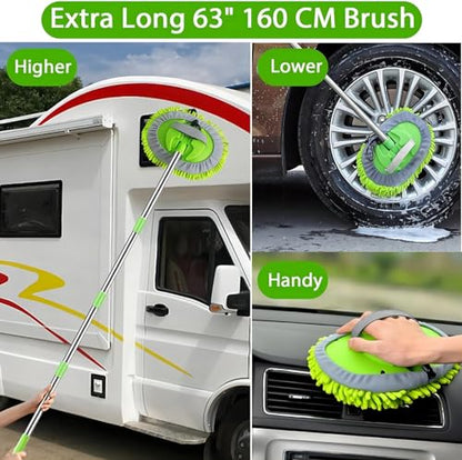 WillingHeart 63" Car Wash Mop Brush Tool Mitt with Long Handle Length More Suitable for Washing Cars Truck, SUV, RV, Trailer, 2 in 1 Chenille Microfiber Duster Not Hurt Paint Scratch Free, Green - color: Green