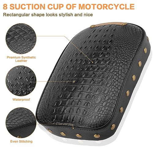 Motorcycle Rectangular Passenger Pad Seat Rear Leather Pillion Cushion 8 Suction Cup Compatible with Harley Dyna Sportster XL 883 1200 Chopper Custom - style: 8 Suction Cup-Black Crocodile Rivet