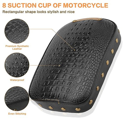 Motorcycle Rectangular Passenger Pad Seat Rear Leather Pillion Cushion 8 Suction Cup Compatible with Harley Dyna Sportster XL 883 1200 Chopper Custom - style: 8 Suction Cup-Black Crocodile Rivet