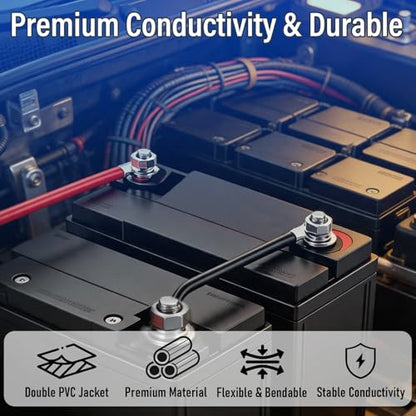 2AWG Battery Cable with 5/16'' Lug Terminals, 2AWG Gauge Pure Copper Battery Inverter Cables, 12inch 2AWG Marine Battery Cable for Welding Solar Panel Automotive Car Motorcycle RV Marine