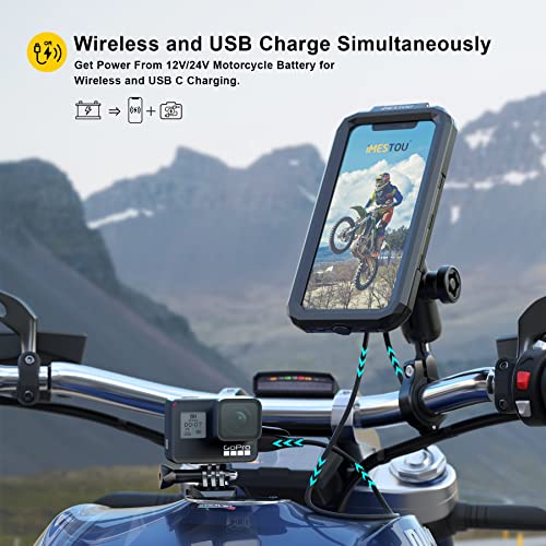 iMESTOU Waterproof Motorcycle Phone Mount IP67 with Wireless Qi/USB C 3.0 Charger, Anti-Theft Handlebar 1" Ball Phone Holder with Aluminum Mounting Base 720° Rotation for 3.5"-6.1" Smartphones(S) - size: S(For 3.5"-6.1" Phones)