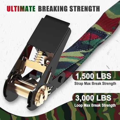 AWELCRAFT Ratchet Straps 4 Pack,1 Inch x 15 Feet Tie Down Ratcheting Strap,1500lb Breaking Strength with S-Hook,4X Soft Loops for Moving Appliances,Lawn Equipment,Truck,Motorcycle(Camouflage) - color: Camouflage