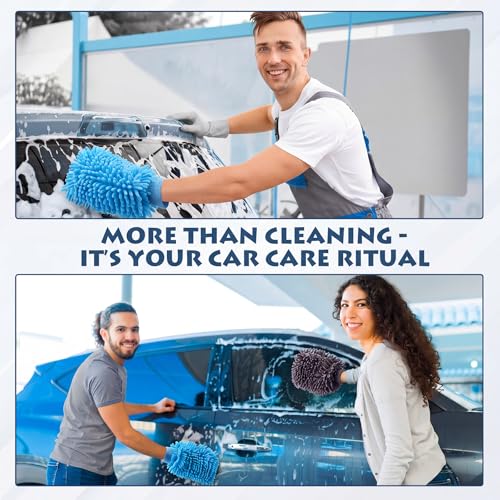 Patelai 30 Pcs Car Wash Mitts Bulk Microfiber Scratch Free Detailing Chenille Car Washing Gloves Hand Double Sided Absorbent Cars Sponge for Washing Cleaning Trucks Boats, 9.45 x 5.9 Inch(Grey,Blue) - color: Grey,blue