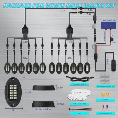 12Pods Metal Pure White LED Rock Lights Kit 6500K for Truck Pickup Offroad | Aluminum Housing, Plug-and-Play & Pre Wired, Switch Wiring Harness Extension Fuse, 288Chips Waterproof 12V, Pure Copper Wire - color: Pure White 24LEDs, size: 12Pods