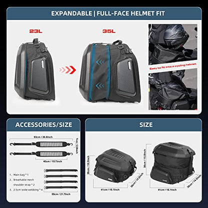 Motorcycle Tail Bag Waterproof 23-35L Expandable Motorbike Helmet Bag Luggage Bag Storage Bag with Sissy Bar Straps Matte Black