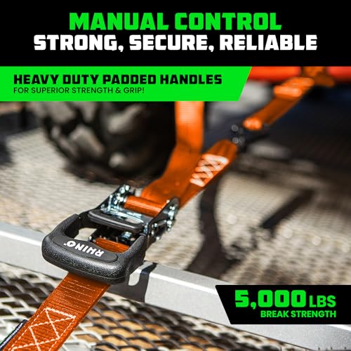 RHINO USA Ratchet Straps Tie Down Kit, 5,000 Break Strength - Includes Heavy Duty Rachet Tiedowns with Padded Handles & Coated Chromoly S Hooks + Soft Loop Tie-Downs - color: Orange, size: 8ft - 2 Pack