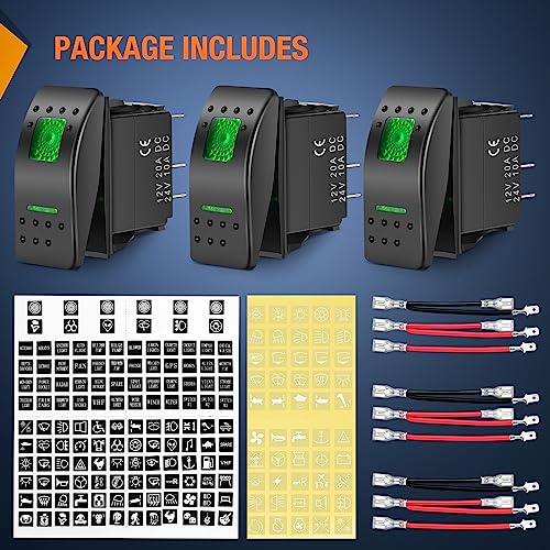 Nilight 3 Pack Rocker Switch with Night Glow DIY Stickers On Off 5 PIN SPST LED Light Switches with Green Backlit 12V/24V Toggle for Cars Trucks RVs Boats Auto Motorcycles - color: Green 3 PCS