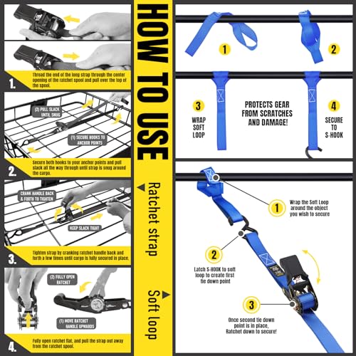 Stay There Ratchet Tie Down Straps 1'' x15', Ratchet Straps with S Hook - 1760lb Break Strength for Securing Motorcycle, Kayak, Truck with Rubber Handles, A Sturdy Bonus Bag & 4 Soft Loops Included - color: Blue