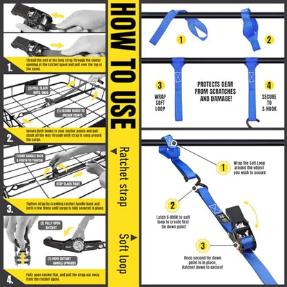 Stay There Ratchet Tie Down Straps 1'' x15', Ratchet Straps with S Hook - 1760lb Break Strength for Securing Motorcycle, Kayak, Truck with Rubber Handles, A Sturdy Bonus Bag & 4 Soft Loops Included - color: Blue