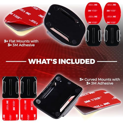Adhesive Mounts - 3X Curved & 3X Flat Mounts with 3M Sticky Pads - for Your Helmet/Bike/Board/Car - Compatible with All GoPro Hero 13/12/11/10/9/8/7/6/5/4/3+/3/2/1 Models - 1 Year Warranty