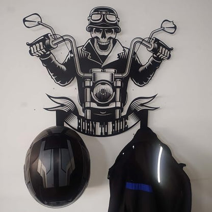 Handmade Metal Skull Wall Decor Hanger – “Born To Ride” Motorcycle Helmet and Jacket Rack – Black Steel Wall Art, Gift Harley Garage, Bikers and Motorcycle Lovers (61X69cm/24X27 Inches) - size: 61X69cm/24X27 Inches