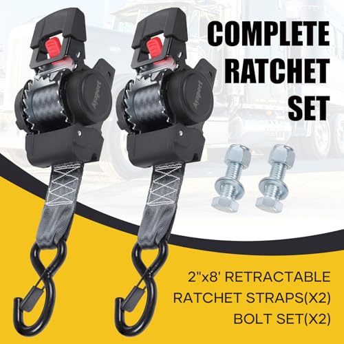Ayaport Retractable Transom Tie Down Straps 2in X 8ft Boat Tie Down Straps to Trailer- 3300lbs Break Strength, Heavy Duty Bolt-on Ratchet Straps for Cargo, Boat, Motorcycles, ATV, 2pk - size: 2"x8'-2pcs
