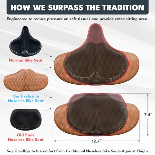 X WING New-Age Noseless Bike Seat Cushion for Men & Women - Extra Padding & Wide - Suitable for City, Electric, Stationary Bikes - Compatible with Peloton Bikes – Wide Winged Bike Seat with Cushion - color: Brown Bubble