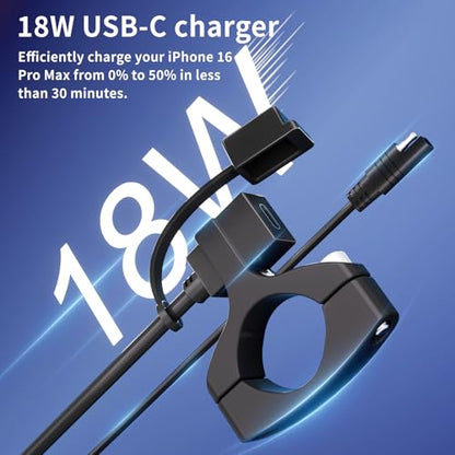 Cliff Top Waterproof Motorcycle USB Charger, 18W PD USB-C Fast Charging, SAE to USB-C Adapter, USB Port with 22–32mm Handlebar Mount for Motorcycle, Scooter, ATV, Phone Devices, Vertical