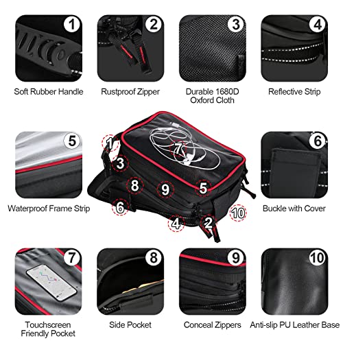 Motorcycle Tank Bag w/Strap Storage Bag Compatible with Honda Yamaha Suzuki Kawasaki Harley Water Resistant (Red Piping) - color: Red Piping