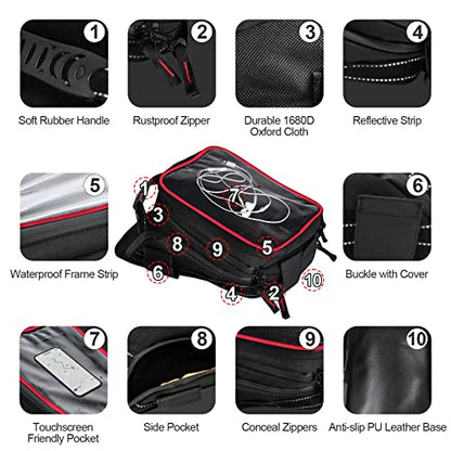 Motorcycle Tank Bag w/Strap Storage Bag Compatible with Honda Yamaha Suzuki Kawasaki Harley Water Resistant (Red Piping) - color: Red Piping