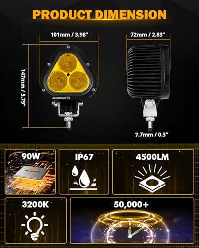 Auxbeam 4 Inch LED Led Pod Light, 90W Off Driving Road Light Amber Fog Lights Yellow Spot Flood Combo Ditch Lights Auxiliary Lights for Jeep Truck ATV Motorcycle