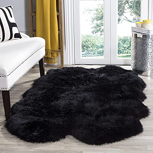 HUAHOO Premium Genuine Sheepskin Rug Black Real Australia Sheepskin Natural Luxury Fluffy Lambskin Fur Area Rug Seat Covers for Kids Bedroom Sofa Chair Cover Pets Dogs Mat Quarto Pelt/4' x 6' Black - color: Black, size: Quarto Pelt/4 ft x 6 ft