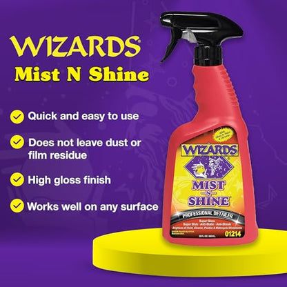 Wizards Mist-N-Shine Detail Spray and Bike Wash Bundle - 22 Oz - Multi-Purpose High Gloss Finish Waterless Quick Detailer Spray for Glass, Chrome, Paint and Plastics - Cleaner For Motorcycle Washing