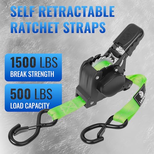 Retractable Ratchet Straps 4 Pack - 1,500 Lbs Break Strength 1 in x 10 Ft Heavy Duty Retractable Ratchet Tie Down Straps with S Hooks Set for Truck, Cargo Van, Trailer, Motorcycle (Green) - color: Green
