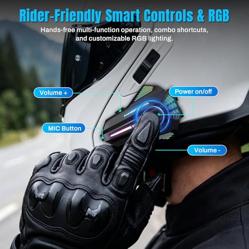 Motorcycle Helmet Bluetooth,6.0 Communication Helmet Speakers Dual Intercom & Music Sharing, Universal Bluetooth Pairing, 4 Custom RGB Light Modes, 2 Mics, IPX6 Noise Cancellation