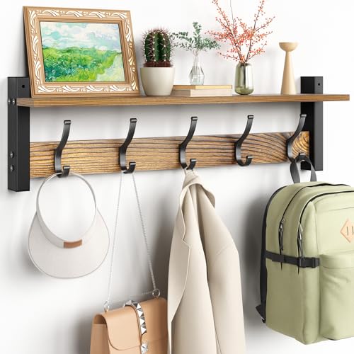 Optish Coat Rack Wall Mount with Shelf, 24 Inch Coat Hanger Walls Mounted, Hat Rack for Walls, Shelf with 5 Coat Hooks, Wall Hanger for Entryway (Brown) - color: Brown, size: 24 Inch