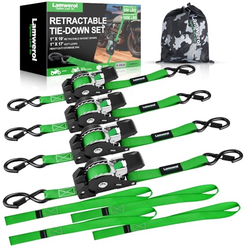 Retractable Ratchet Straps (4-Pack) - 1 Inch x 10 Feet (1,650lb Break Strength) - Heavy Duty Auto Self Retracting Tie Down Straps for Motorcycle, ATV, UTV, Truck, Cargo Trailer - Green - color: Green