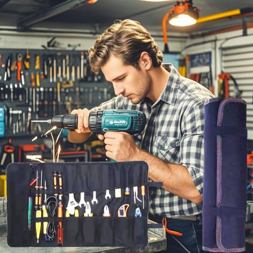 23 Pocket Tool Roll Up Bag for Wrenches & Spanners - Heavy Duty Oxford Organizer Pouch with Elastic Loops & Zipper Pocket, Portable Mechanic Storage Case for Motorcycle Truck Emergency Kit - style: Black Tool Bag