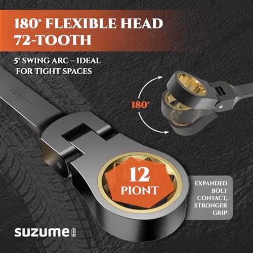 SUZUME 24-Piece Metric and SAE Flex Head Ratcheting Wrench Set 72 Teeth Cr-V Steel Ratcheting Wrench Set with 180° Flex Head Ratchet Wrenches Set For Auto,Machine Repair - size: 24-Piece, style: Metric and SAE