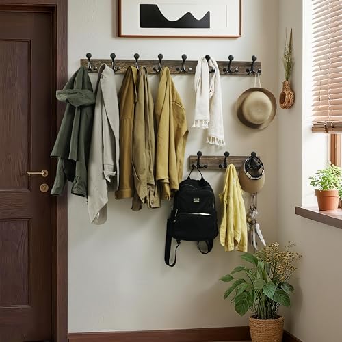 WEBI Coat Rack Wall Mount,17" Solid Wood Coat Hooks Wall Mounted Coat Hanger,16" Hole to Hole,Heavy Duty Hook Rack Rail,3 Triple Hooks for Hanging Coats,Jacket,Clothes,Hat,Backpack,Weathered Brown - color: Weathered Brown, size: 17 Inch