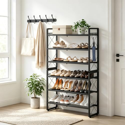 ELYKEN Shoe Rack, 6-Tier Expandable Shoe Organizer for Entryway, Metal Black Shoe Shelf with 8 Hooks, Ajustable Shoe Stand Holder for Closet, Garage, Door Entrance - size: 6-Tier